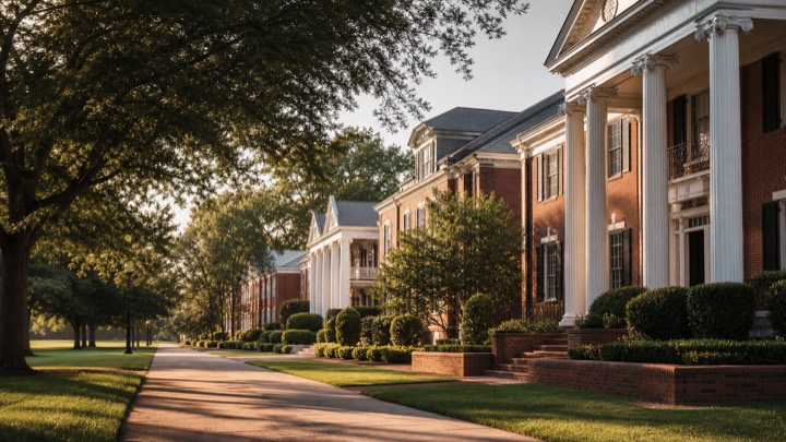 Generic red-brick fraternity row walkway with white columns and oak trees