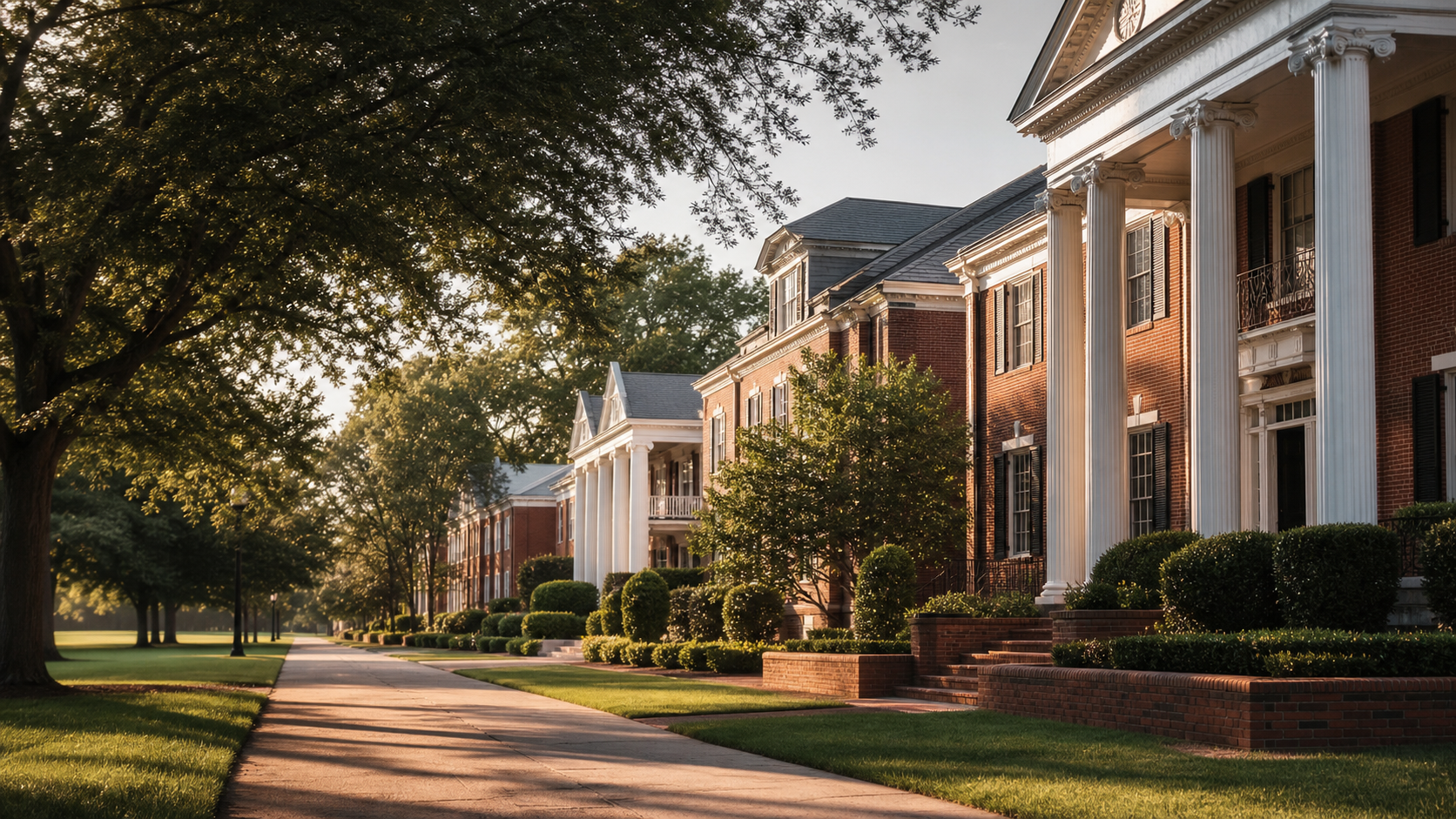 Generic red-brick fraternity row walkway with white columns and oak trees